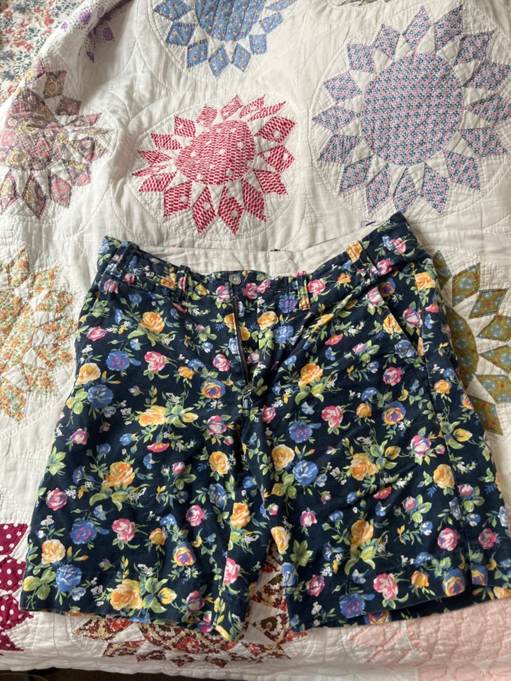 Ralph Lauren Beige Shorts with Navy Trim and Multicolor Floral Lining
